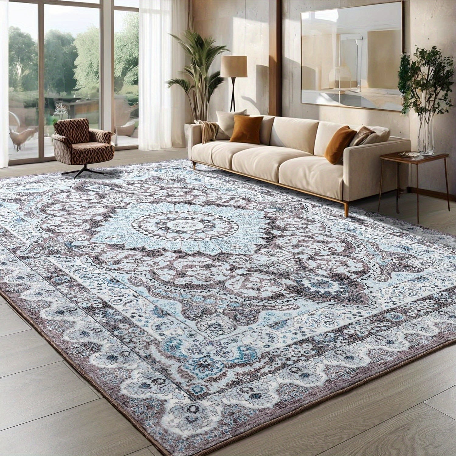Classic Brown Retro Geometric Mat - Imitation Wool Low Profile Carpet with Non-Slip TPR Base, Easy to Clean Area Rug for Bedroom, Living Room, And Entryway Decoration