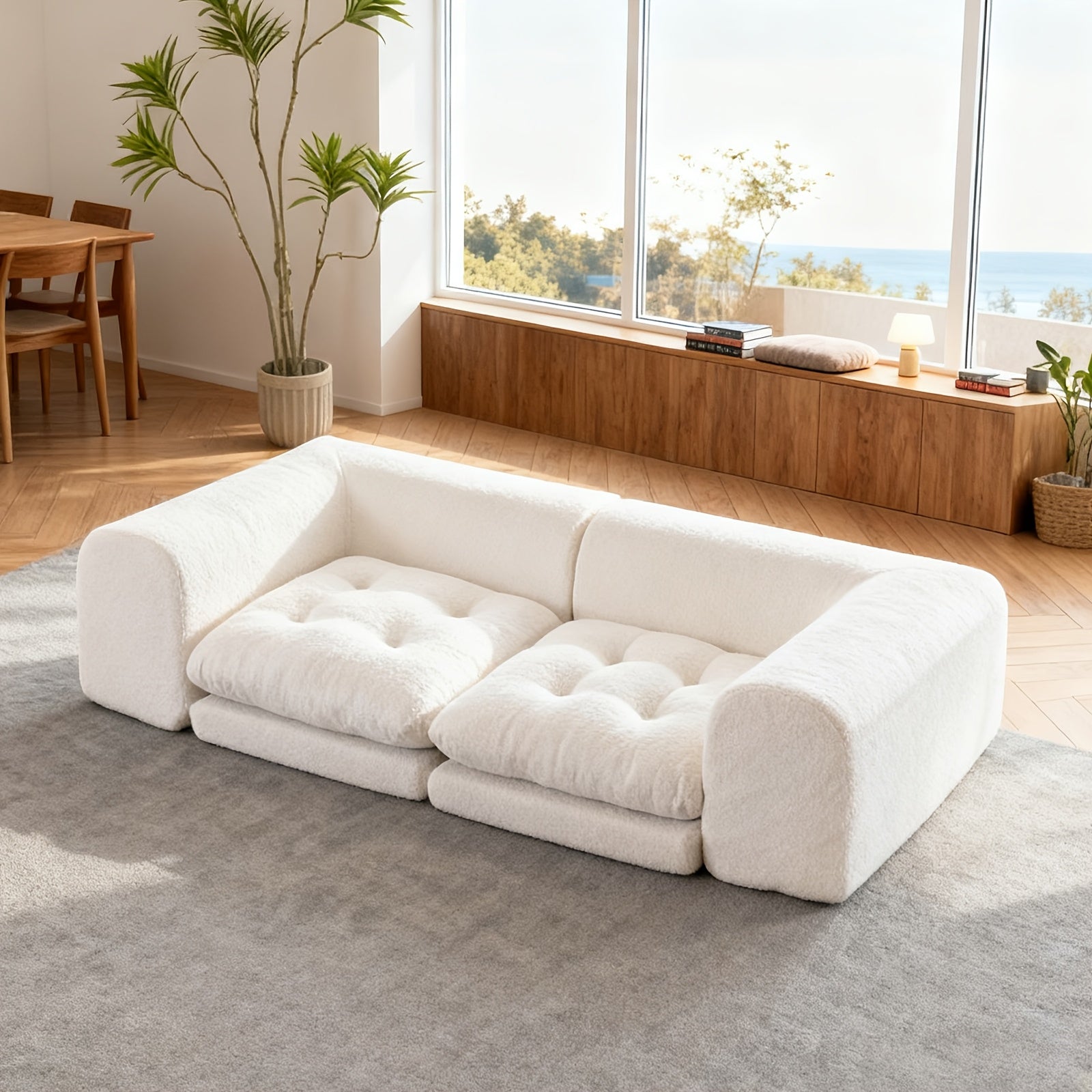 Modern French Cream Style Lazy Sofa | Low Back Tatami Sofa, Freely Combinable Soft Cushioned Lounge Sofa, Minimalist Living Room Furniture in Beige, Multiple Combinations