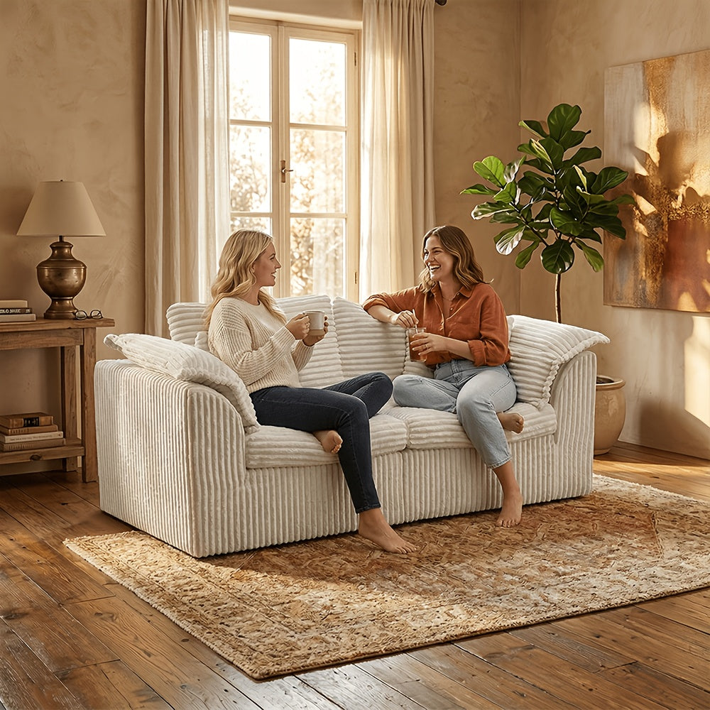 73 Inch Compression Corduroy 2- Sofa, High Density Sponge Couch with Pillows, Modern Upholstered Sofa for Small Space Living Room, No Assembly Required