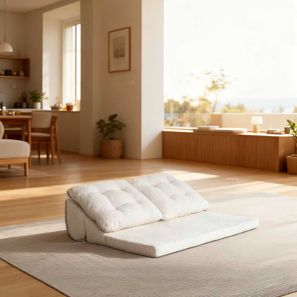 Modern French Cream Style Lazy Sofa | Low Back Tatami Sofa, Freely Combinable Soft Cushioned Lounge Sofa, Minimalist Living Room Furniture in Beige, Multiple Combinations