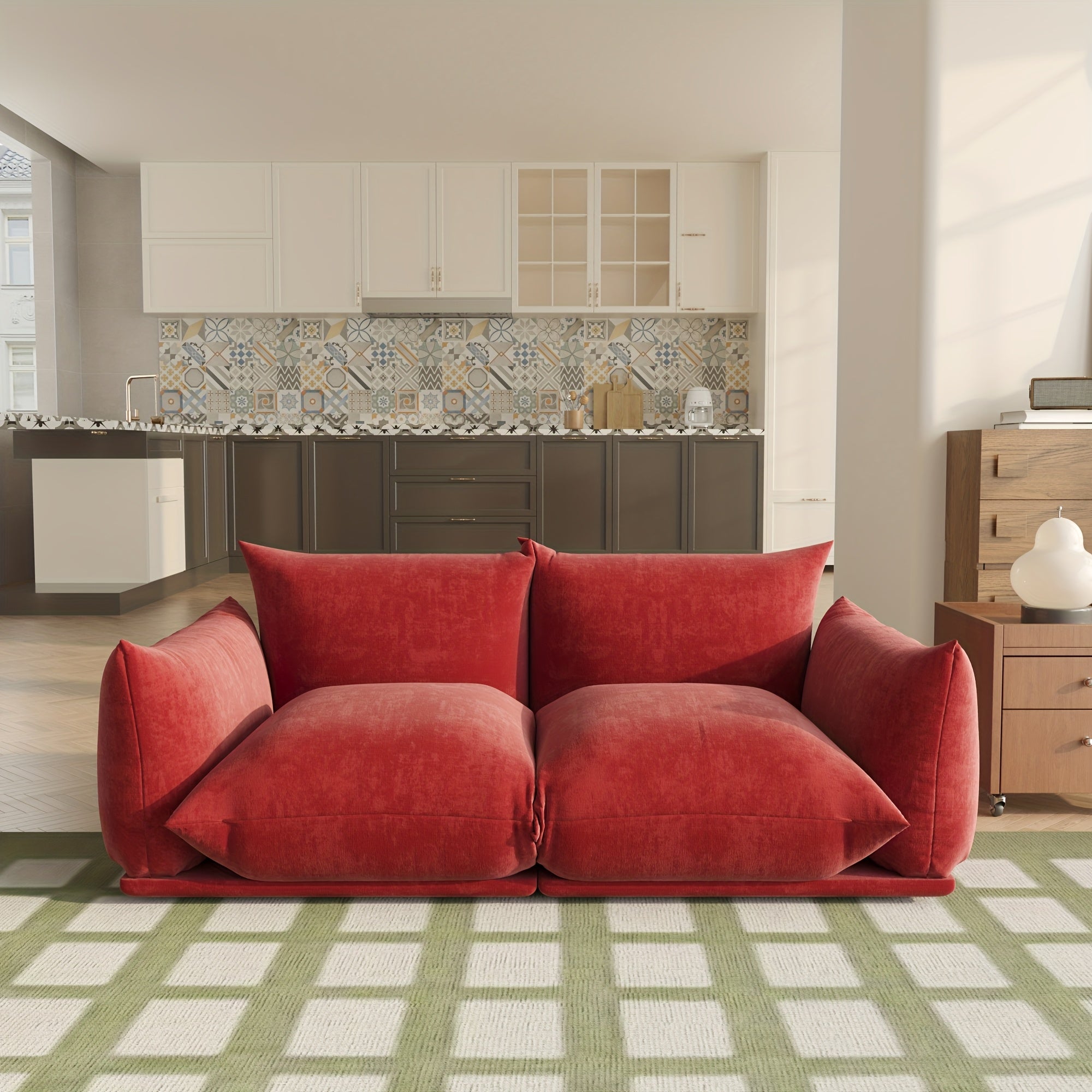 Modern Chenille Loveseat, Mid-Century Chenille Upholstered Beige Sofa for Living Room Apartment Office