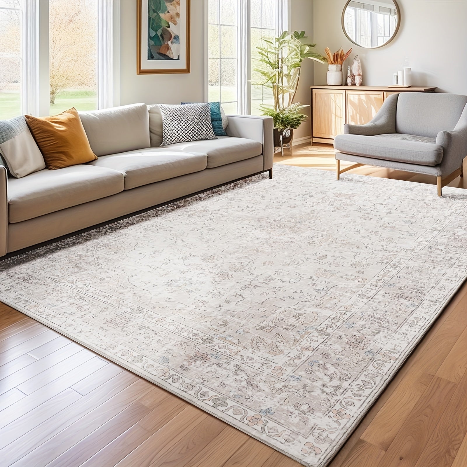 Grey Ultra Soft Non-Shedding Area Rug, Vintage Boho Faux Wool Carpet For Living Room, Dining Room, Bedroom, Home Office, Non Slip TPR Backing, Mchine Washable, 4x6, 5x7, 6x9 Feet