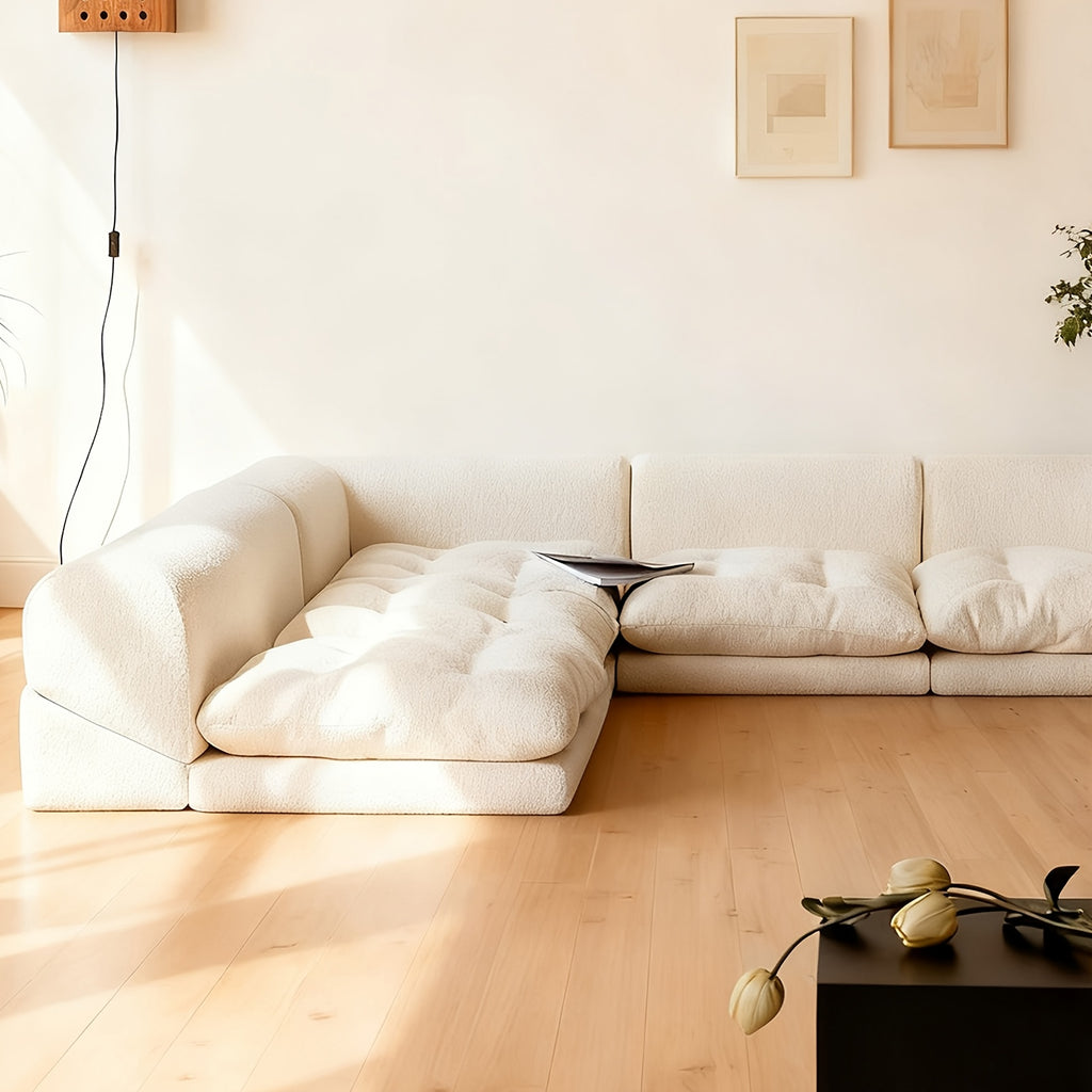 Modern French Cream Style Lazy Sofa | Low Back Tatami Sofa, Freely Combinable Soft Cushioned Lounge Sofa, Minimalist Living Room Furniture in Beige, Multiple Combinations