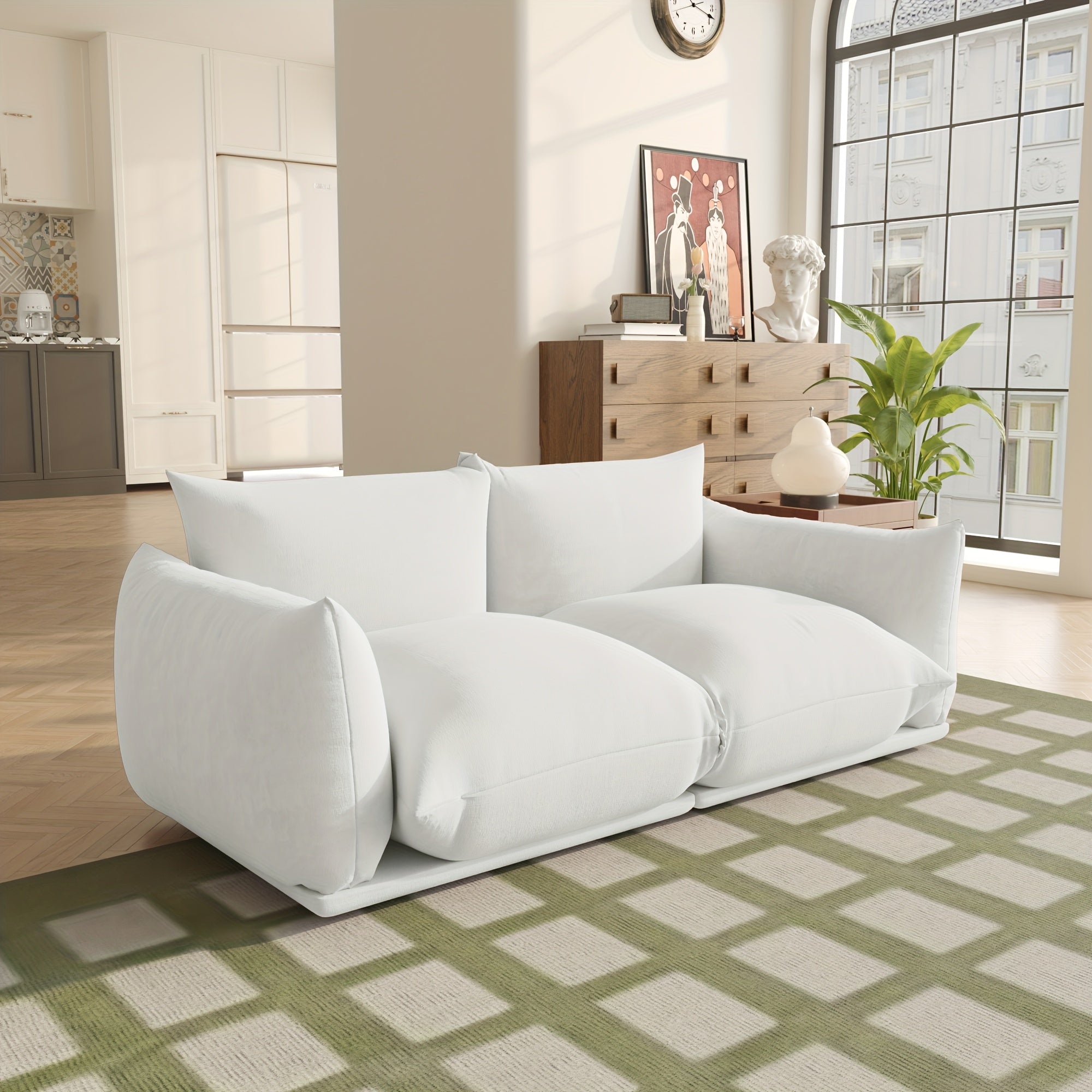 Modern Chenille Loveseat, Mid-Century Chenille Upholstered Beige Sofa for Living Room Apartment Office