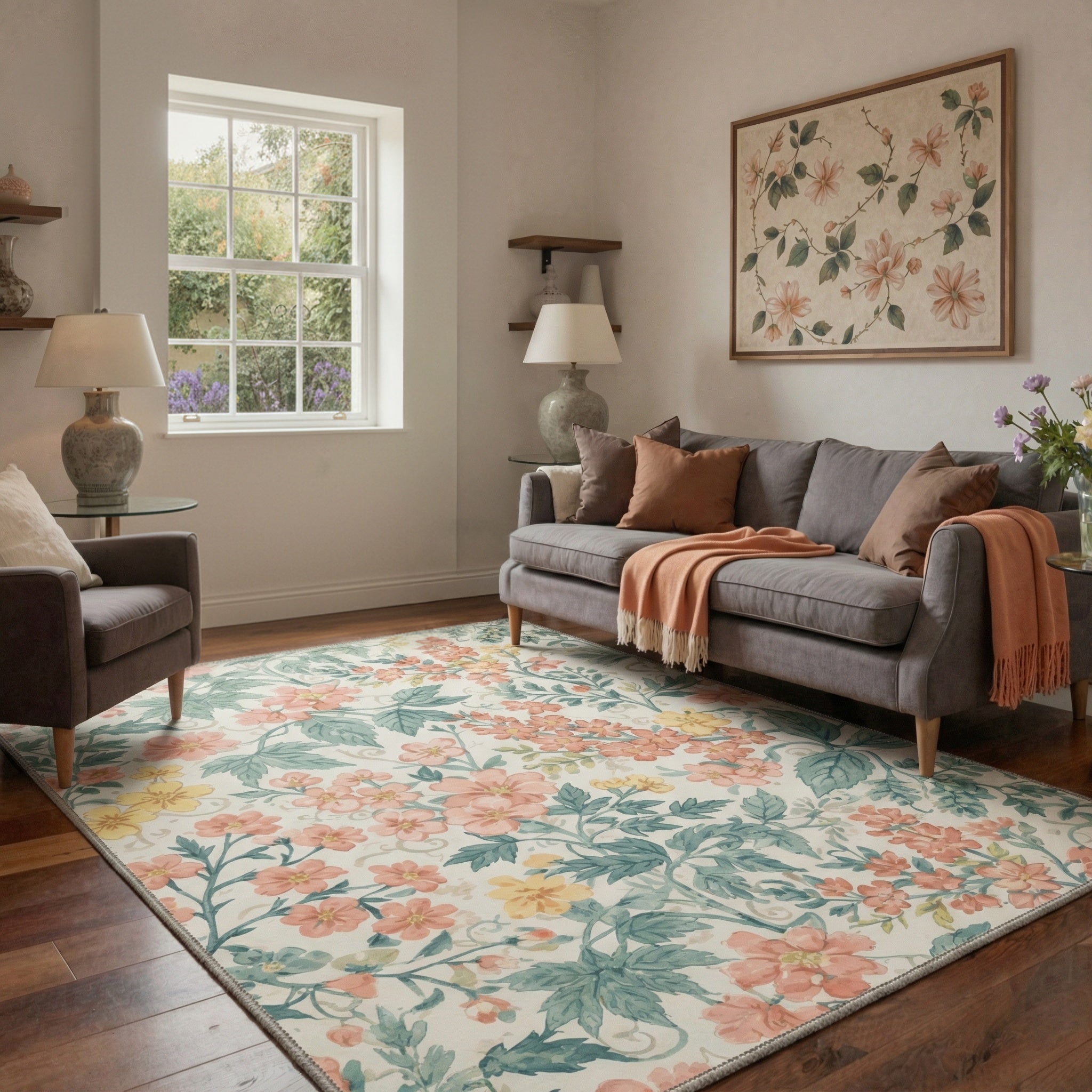 Area Rugs for Living Room, Machine Washable Non Slip Low Pile Lightweight Print Pattern Rug for Bedroom, Indoor Floral Vines, Blush Sage
