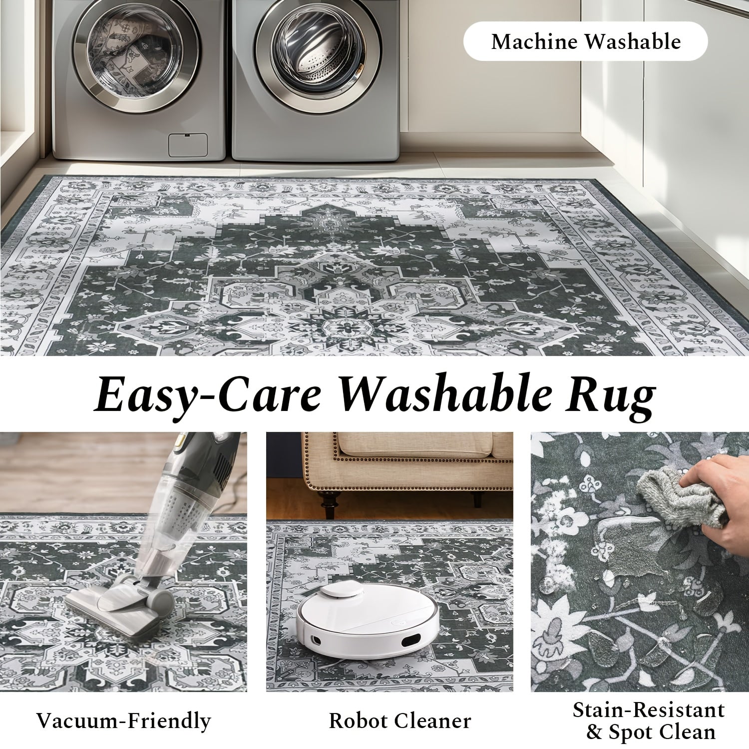 9X12 Area Rug for The Living Room, Vintage Washable Design with Non-Slip Backing And Low Pile, Floral Soft And Foldable Carpet for Bedroom And Dining Room, in Grey, Brown, And Blue