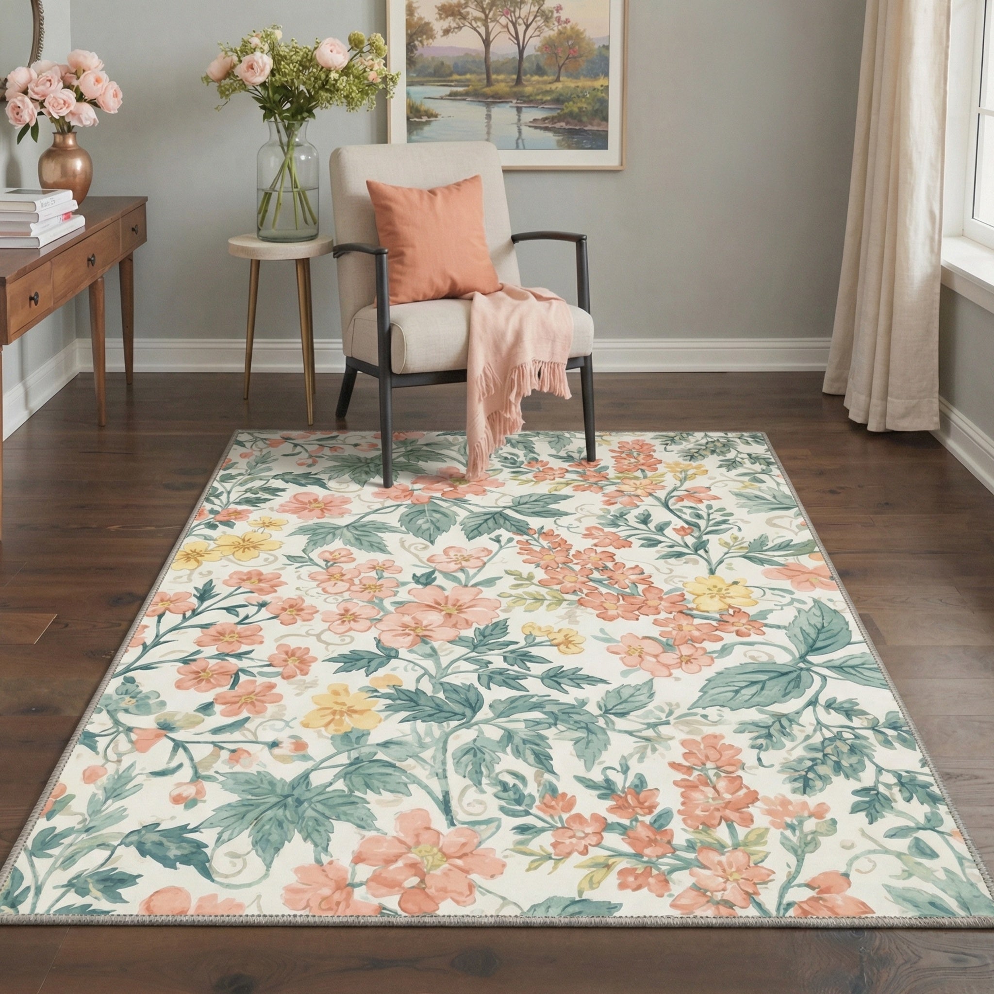 Area Rugs for Living Room, Machine Washable Non Slip Low Pile Lightweight Print Pattern Rug for Bedroom, Indoor Floral Vines, Blush Sage