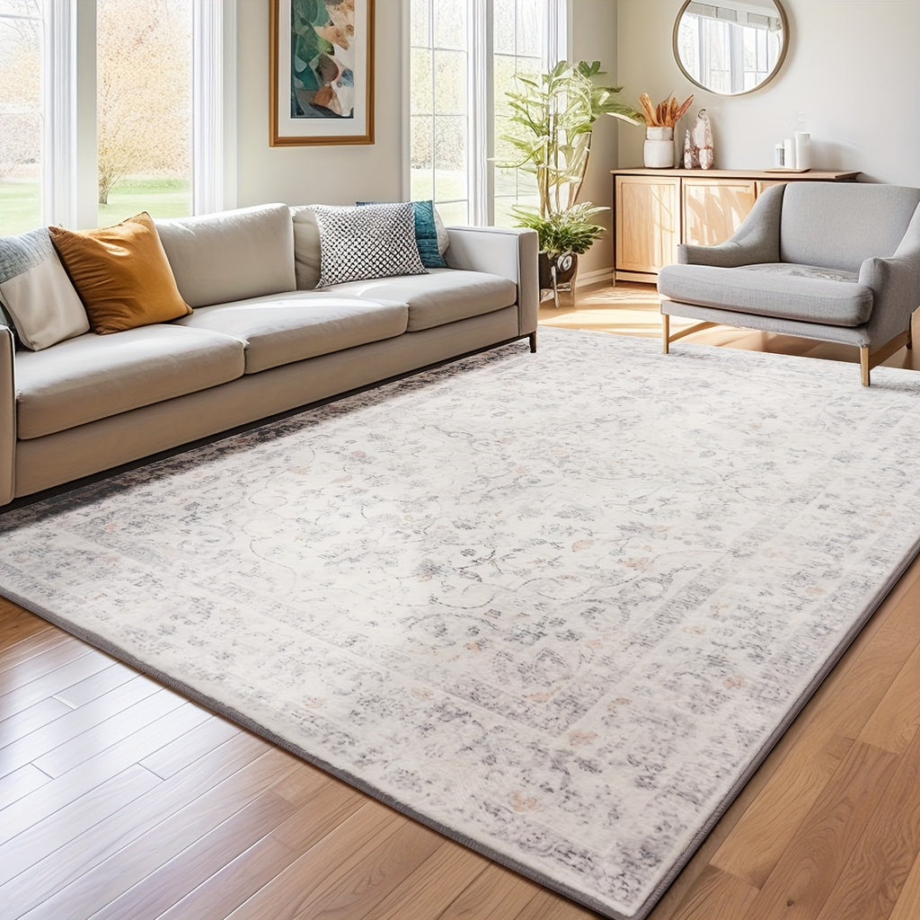 Grey Ultra Soft Non-Shedding Area Rug, Vintage Boho Faux Wool Carpet For Living Room, Dining Room, Bedroom, Home Office, Non Slip TPR Backing, Mchine Washable, 4x6, 5x7, 6x9 Feet