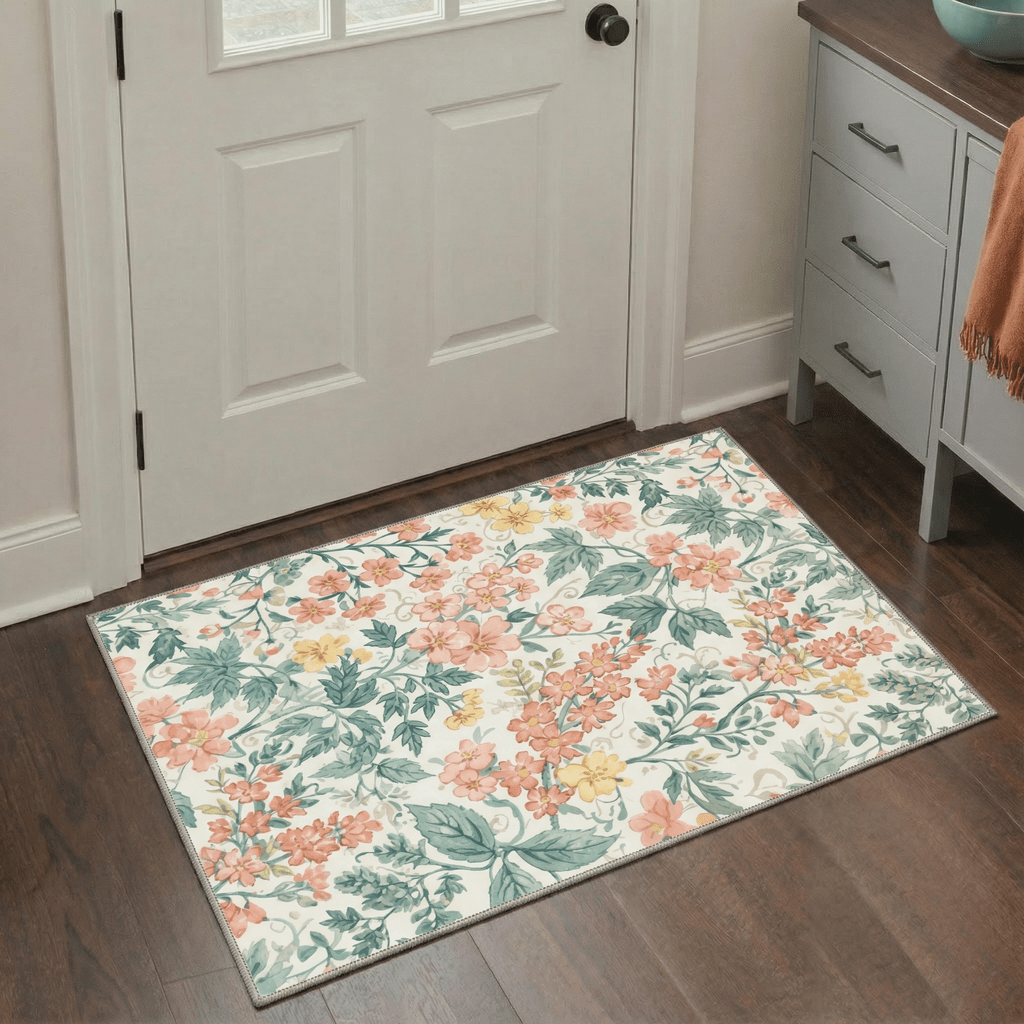 Area Rugs for Living Room, Machine Washable Non Slip Low Pile Lightweight Print Pattern Rug for Bedroom, Indoor Floral Vines, Blush Sage