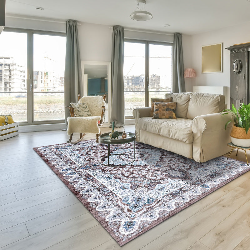 Classic Brown Retro Geometric Mat - Imitation Wool Low Profile Carpet with Non-Slip TPR Base, Easy to Clean Area Rug for Bedroom, Living Room, And Entryway Decoration