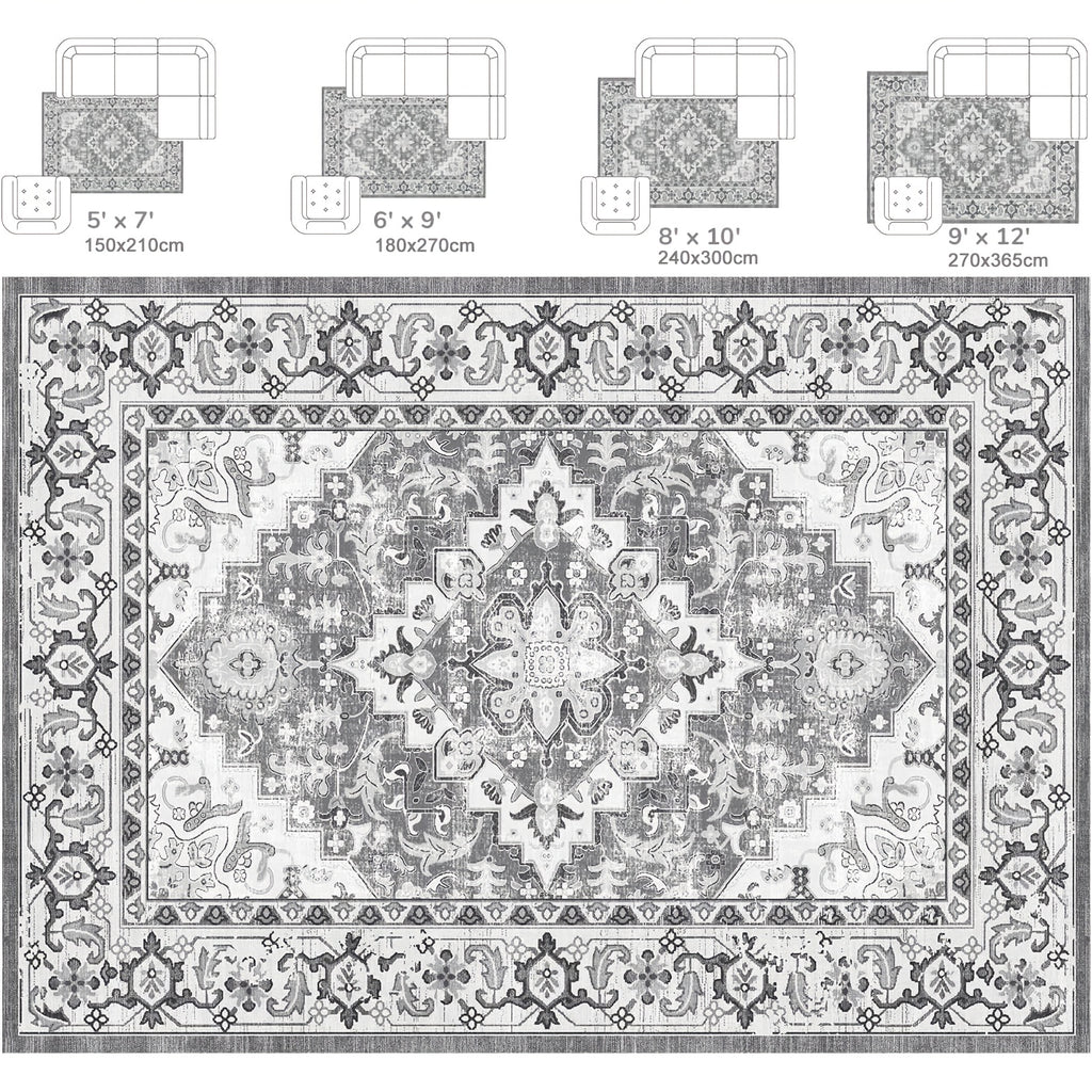 9X12 Area Rug for The Living Room, Vintage Washable Design with Non-Slip Backing And Low Pile, Floral Soft And Foldable Carpet for Bedroom And Dining Room, in Grey, Brown, And Blue