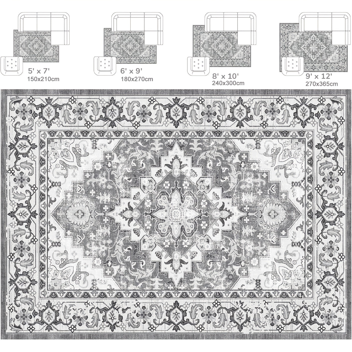 9X12 Area Rug for The Living Room, Vintage Washable Design with Non-Slip Backing And Low Pile, Floral Soft And Foldable Carpet for Bedroom And Dining Room, in Grey, Brown, And Blue