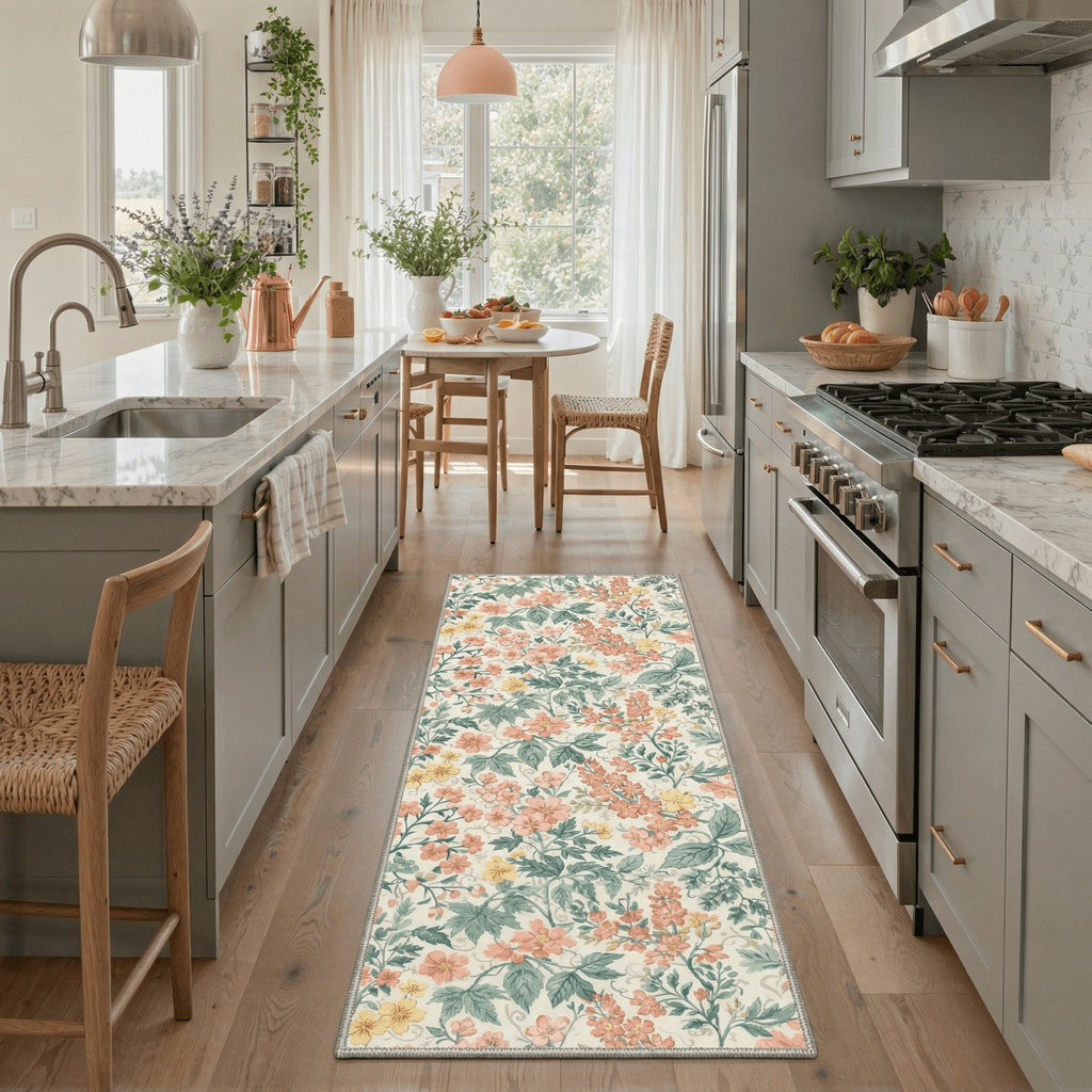 Area Rugs for Living Room, Machine Washable Non Slip Low Pile Lightweight Print Pattern Rug for Bedroom, Indoor Floral Vines, Blush Sage
