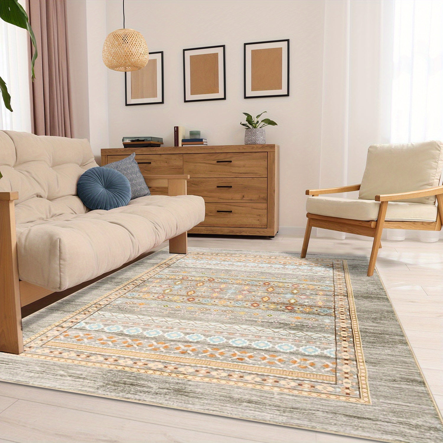 Bohemian Carpet, Suitable for Living Room, Machine-washable Bohemian Geometric Carpet with Anti-slip Back, Soft Indoor Moroccan Floor Covering, Suitable for Bedroom, Dining Room, Home, Office, Furniture Decoration