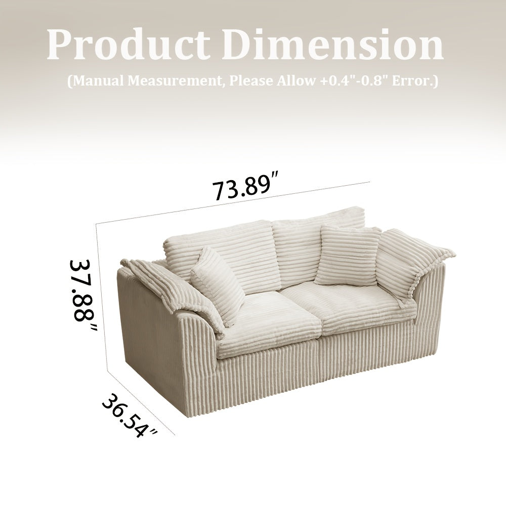 73 Inch Compression Corduroy 2- Sofa, High Density Sponge Couch with Pillows, Modern Upholstered Sofa for Small Space Living Room, No Assembly Required