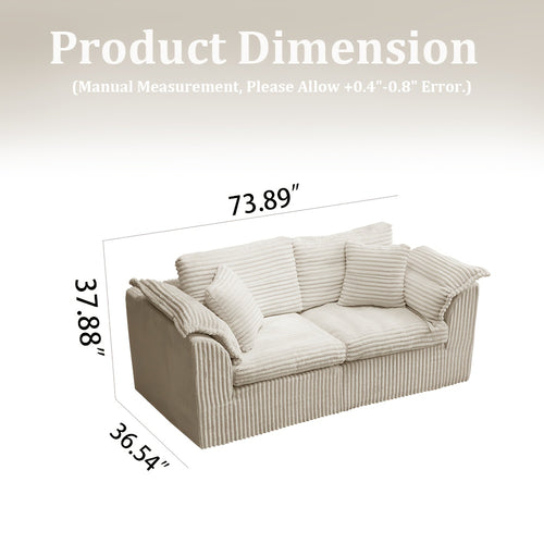 73 Inch Compression Corduroy 2- Sofa, High Density Sponge Couch with Pillows, Modern Upholstered Sofa for Small Space Living Room, No Assembly Required