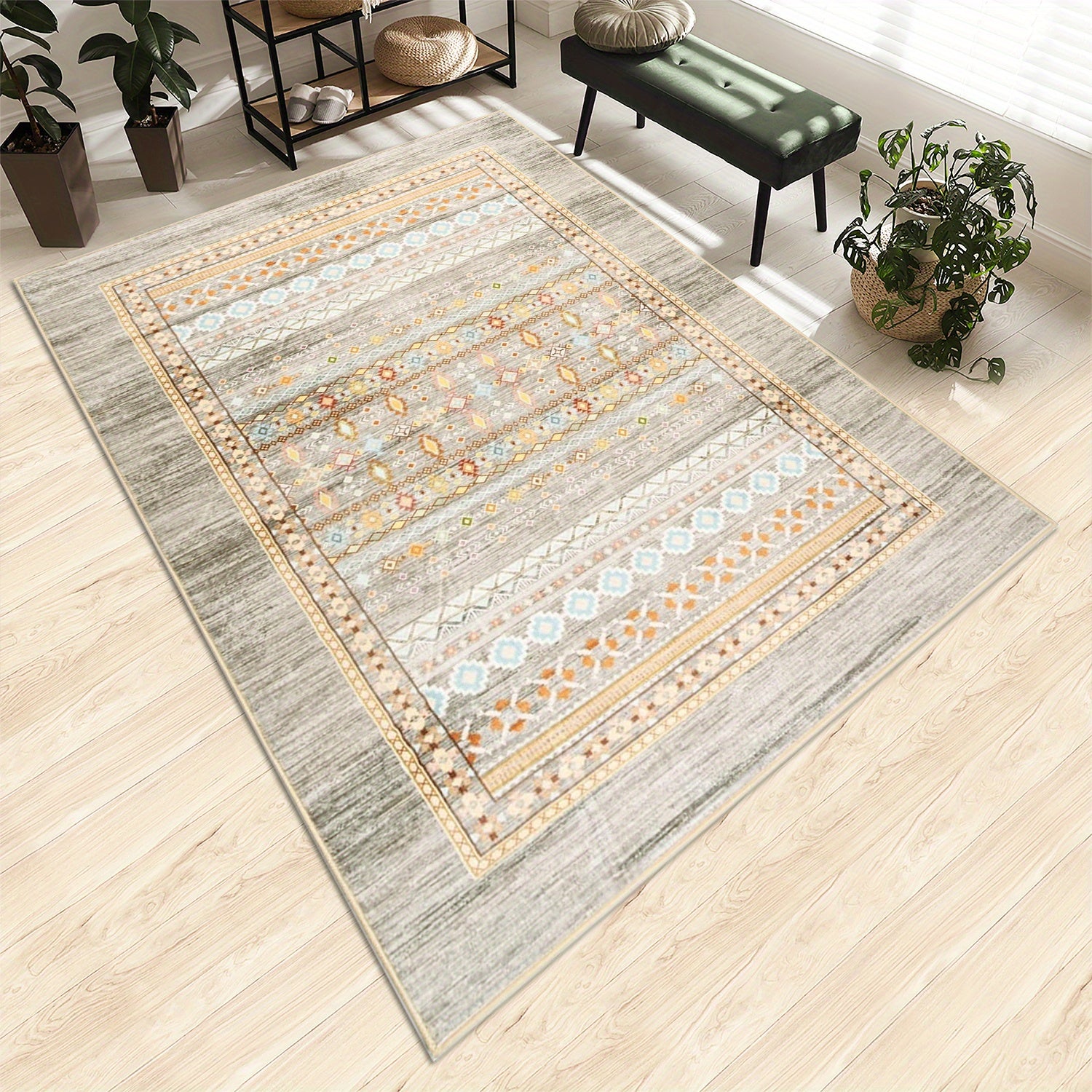 Bohemian Carpet, Suitable for Living Room, Machine-washable Bohemian Geometric Carpet with Anti-slip Back, Soft Indoor Moroccan Floor Covering, Suitable for Bedroom, Dining Room, Home, Office, Furniture Decoration