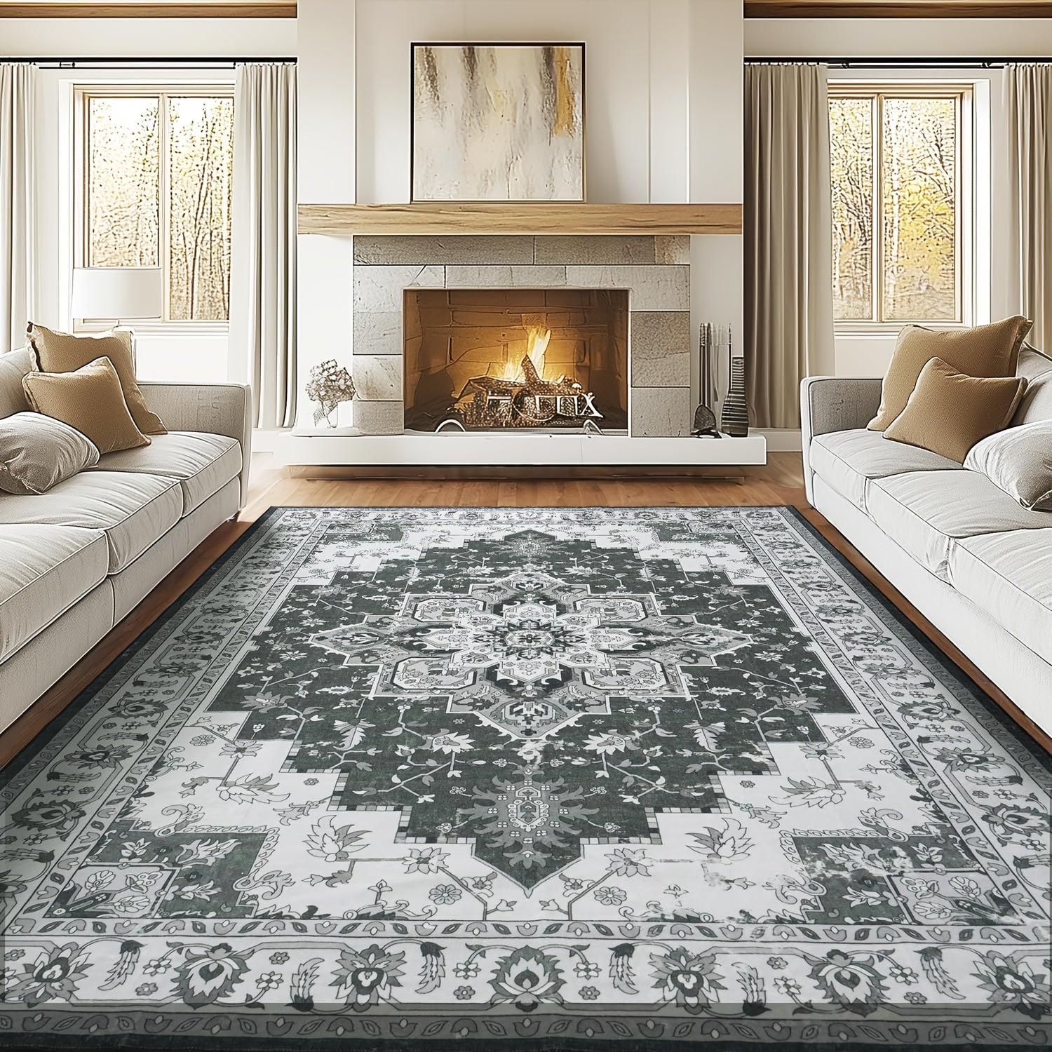 9X12 Area Rug for The Living Room, Vintage Washable Design with Non-Slip Backing And Low Pile, Floral Soft And Foldable Carpet for Bedroom And Dining Room, in Grey, Brown, And Blue