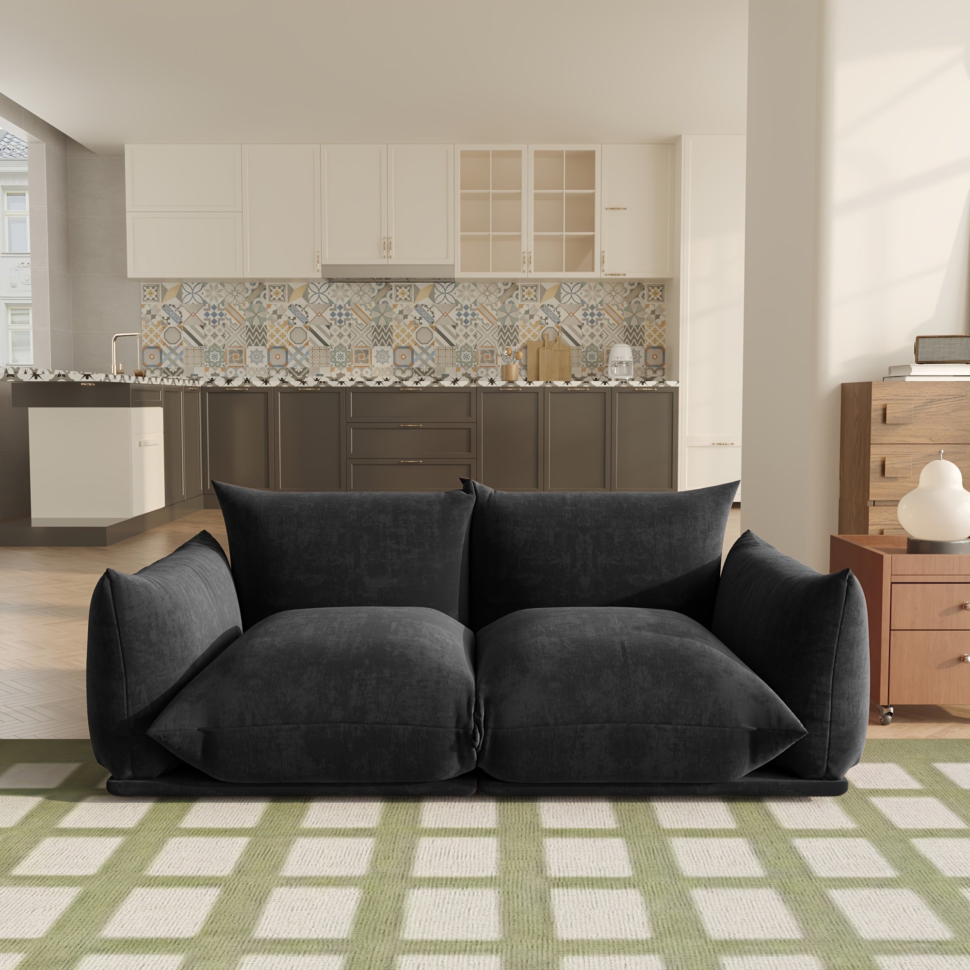 Modern Chenille Loveseat, Mid-Century Chenille Upholstered Beige Sofa for Living Room Apartment Office