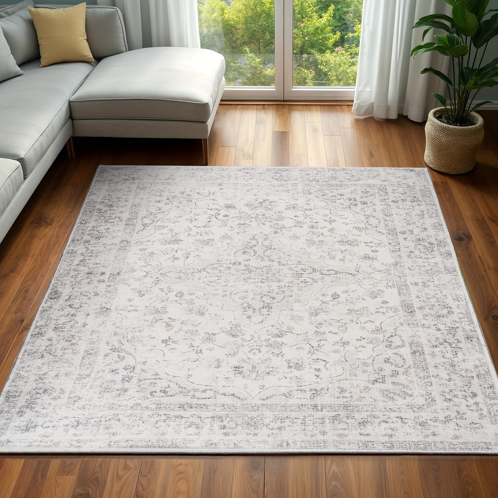 Grey Ultra Soft Non-Shedding Area Rug, Vintage Boho Faux Wool Carpet For Living Room, Dining Room, Bedroom, Home Office, Non Slip TPR Backing, Mchine Washable, 4x6, 5x7, 6x9 Feet