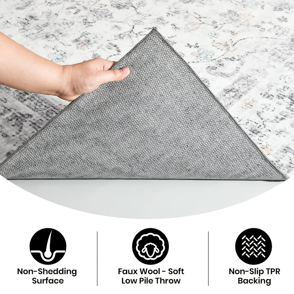 Grey Ultra Soft Non-Shedding Area Rug, Vintage Boho Faux Wool Carpet For Living Room, Dining Room, Bedroom, Home Office, Non Slip TPR Backing, Mchine Washable, 4x6, 5x7, 6x9 Feet