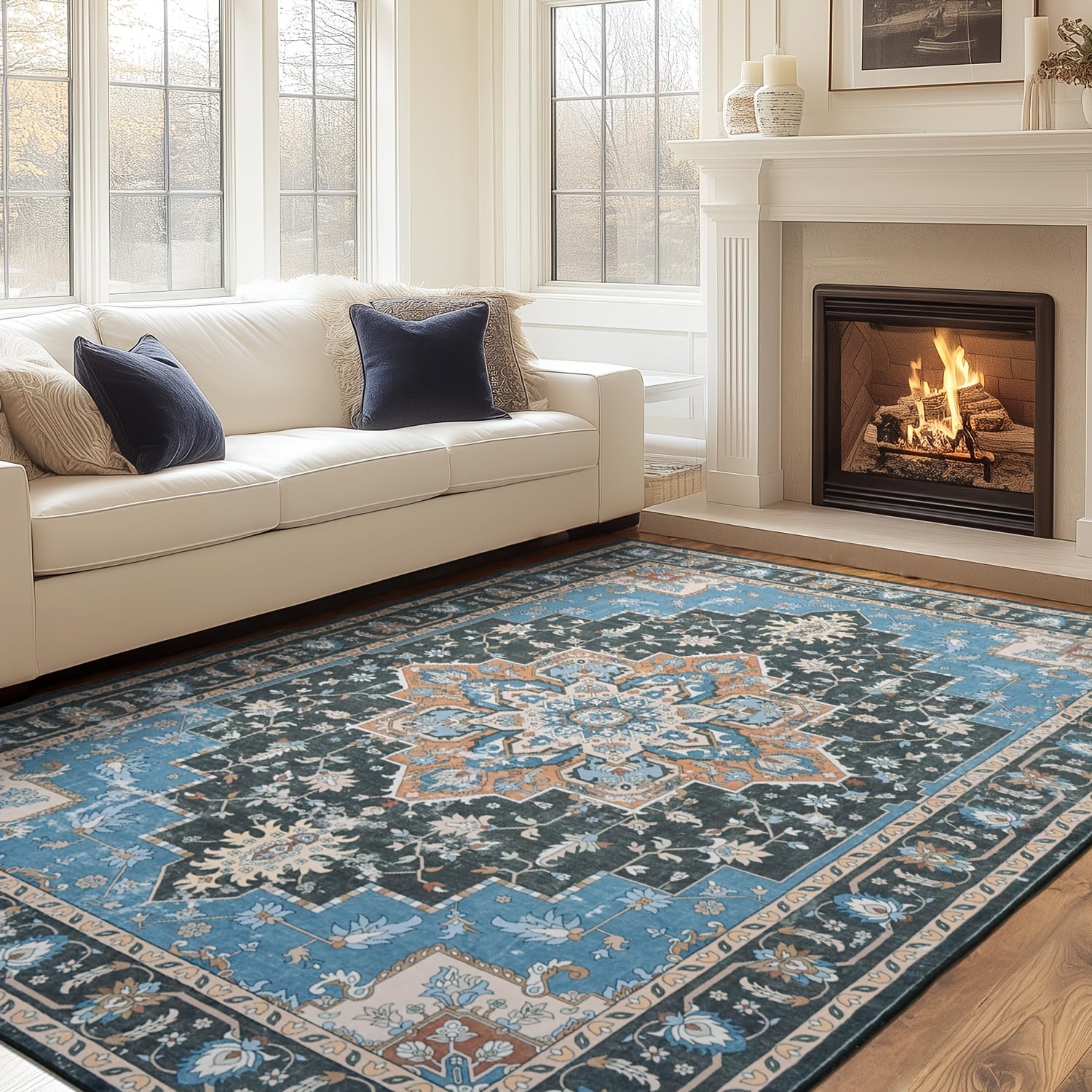 9X12 Area Rug for The Living Room, Vintage Washable Design with Non-Slip Backing And Low Pile, Floral Soft And Foldable Carpet for Bedroom And Dining Room, in Grey, Brown, And Blue