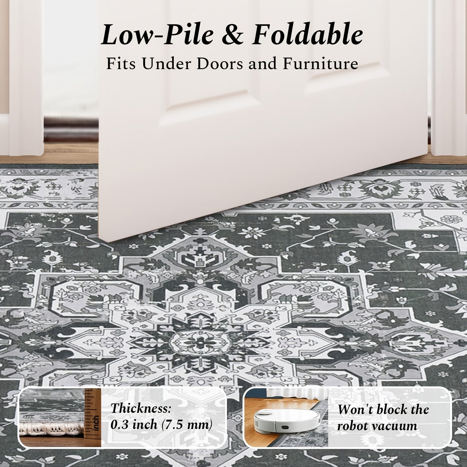 9X12 Area Rug for The Living Room, Vintage Washable Design with Non-Slip Backing And Low Pile, Floral Soft And Foldable Carpet for Bedroom And Dining Room, in Grey, Brown, And Blue
