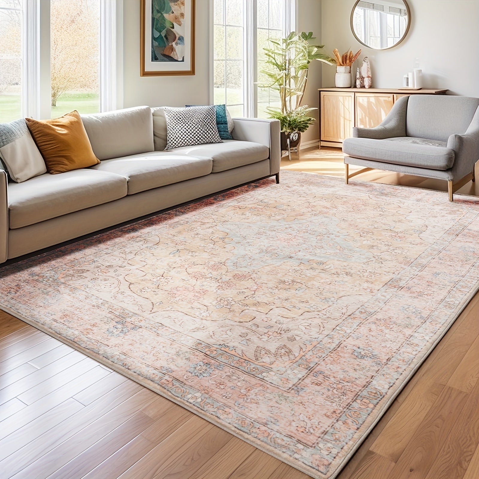Grey Ultra Soft Non-Shedding Area Rug, Vintage Boho Faux Wool Carpet For Living Room, Dining Room, Bedroom, Home Office, Non Slip TPR Backing, Mchine Washable, 4x6, 5x7, 6x9 Feet