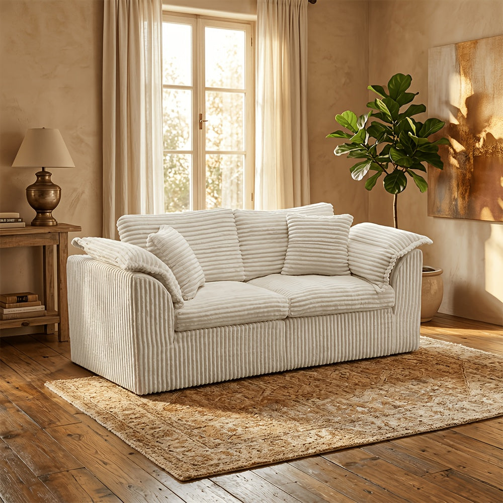 73 Inch Compression Corduroy 2- Sofa, High Density Sponge Couch with Pillows, Modern Upholstered Sofa for Small Space Living Room, No Assembly Required