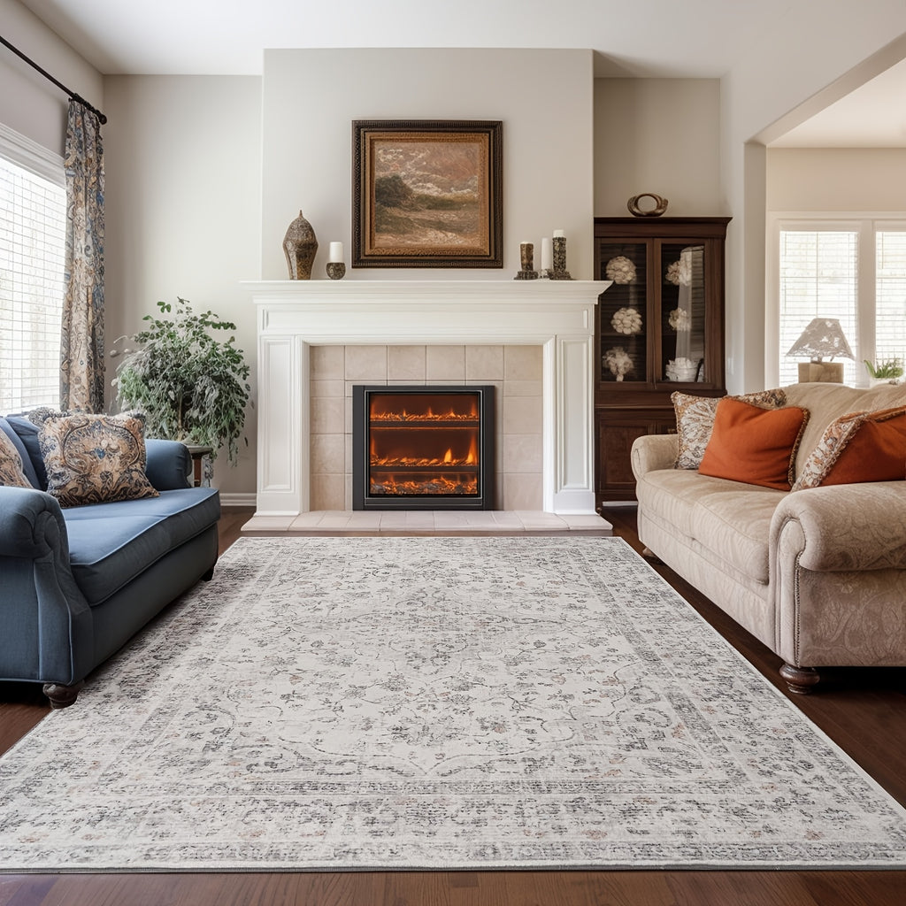 Grey Ultra Soft Non-Shedding Area Rug, Vintage Boho Faux Wool Carpet For Living Room, Dining Room, Bedroom, Home Office, Non Slip TPR Backing, Mchine Washable, 4x6, 5x7, 6x9 Feet