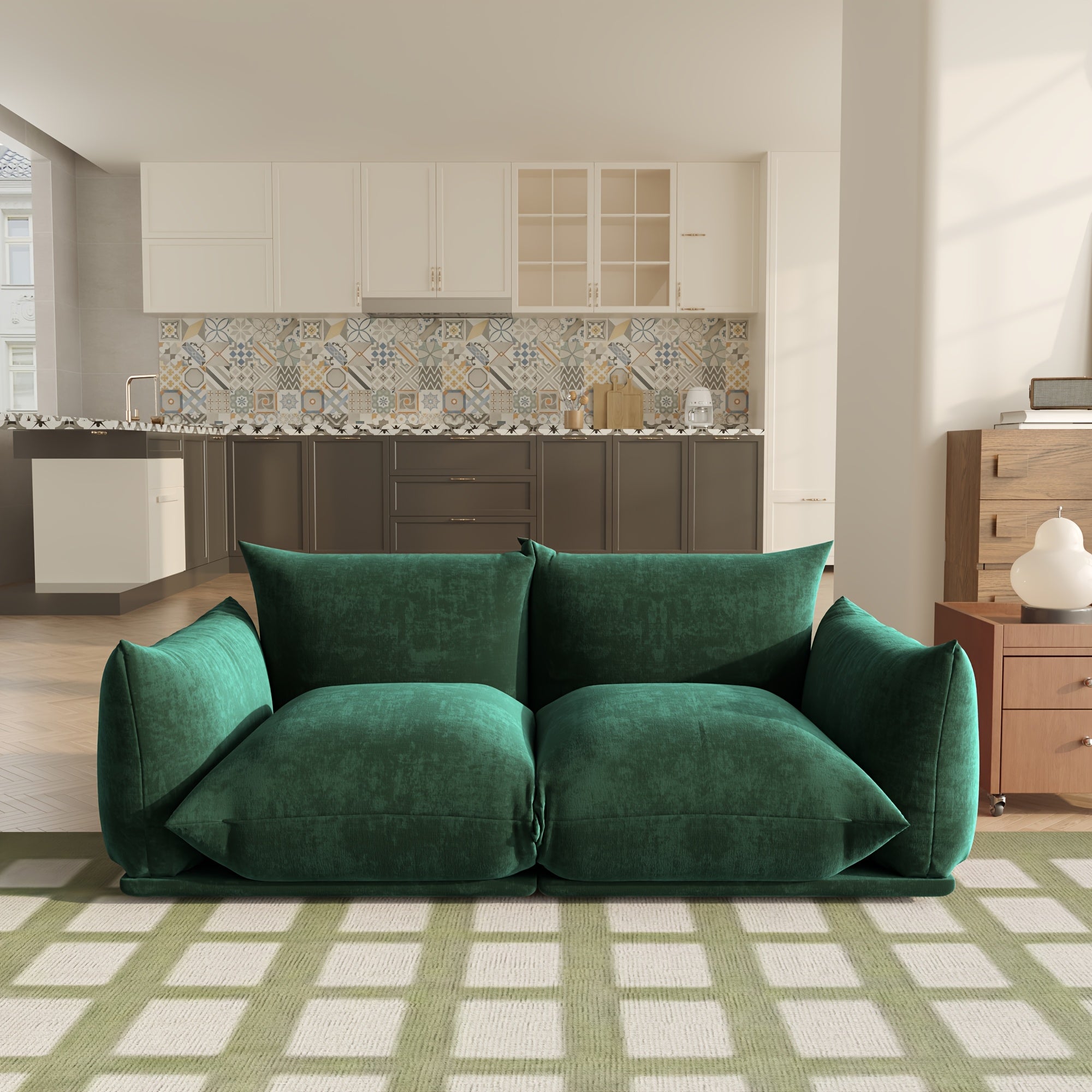Modern Chenille Loveseat, Mid-Century Chenille Upholstered Beige Sofa for Living Room Apartment Office