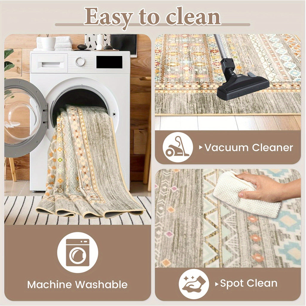 Bohemian Carpet, Suitable for Living Room, Machine-washable Bohemian Geometric Carpet with Anti-slip Back, Soft Indoor Moroccan Floor Covering, Suitable for Bedroom, Dining Room, Home, Office, Furniture Decoration