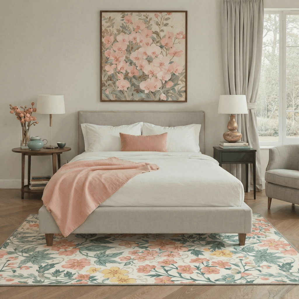 Area Rugs for Living Room, Machine Washable Non Slip Low Pile Lightweight Print Pattern Rug for Bedroom, Indoor Floral Vines, Blush Sage