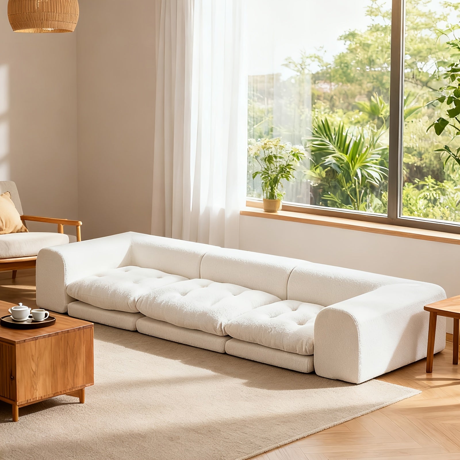 Modern French Cream Style Lazy Sofa | Low Back Tatami Sofa, Freely Combinable Soft Cushioned Lounge Sofa, Minimalist Living Room Furniture in Beige, Multiple Combinations