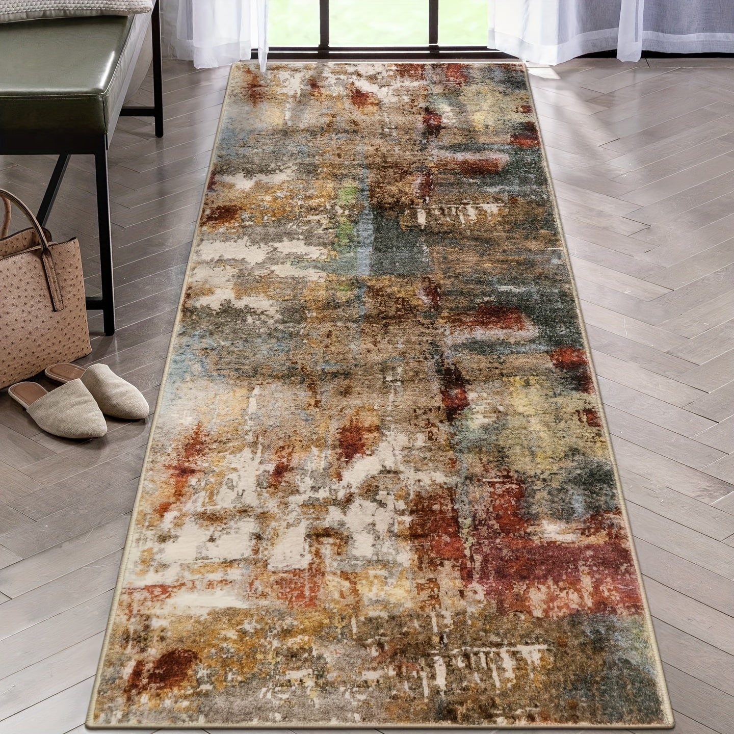 Modern Red Abstract Mat - Large Mat with Anti-Slip Backing, Machine Washable for Living Room, Bedroom, Entryway - Foldable Mat (Red) for Coffee Table & Hallway, Easy Clean Modern Design