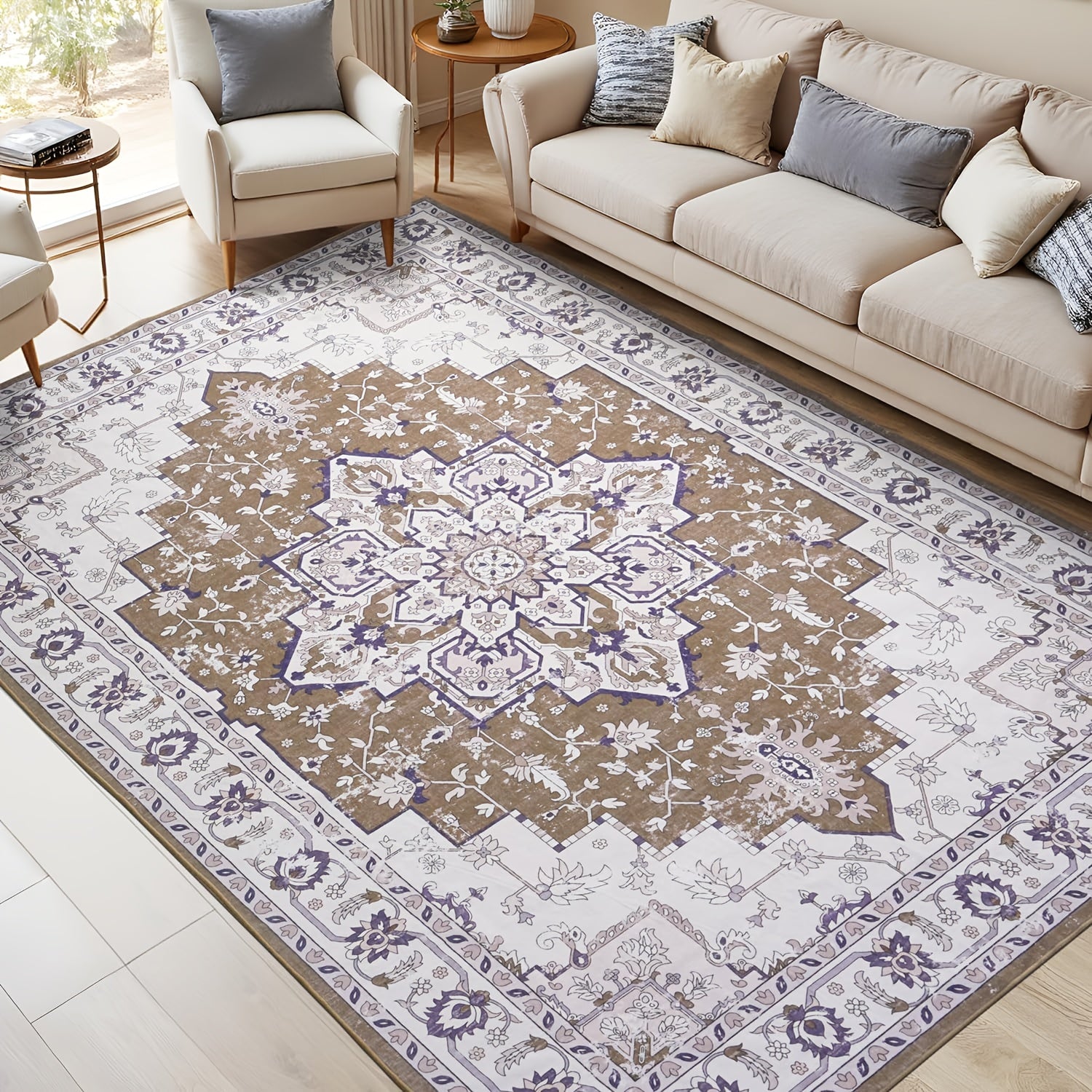 9X12 Area Rug for The Living Room, Vintage Washable Design with Non-Slip Backing And Low Pile, Floral Soft And Foldable Carpet for Bedroom And Dining Room, in Grey, Brown, And Blue