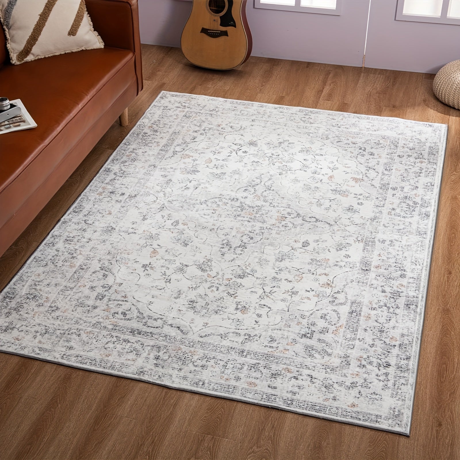 Grey Ultra Soft Non-Shedding Area Rug, Vintage Boho Faux Wool Carpet For Living Room, Dining Room, Bedroom, Home Office, Non Slip TPR Backing, Mchine Washable, 4x6, 5x7, 6x9 Feet