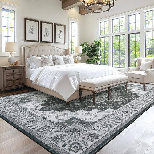 9X12 Area Rug for The Living Room, Vintage Washable Design with Non-Slip Backing And Low Pile, Floral Soft And Foldable Carpet for Bedroom And Dining Room, in Grey, Brown, And Blue