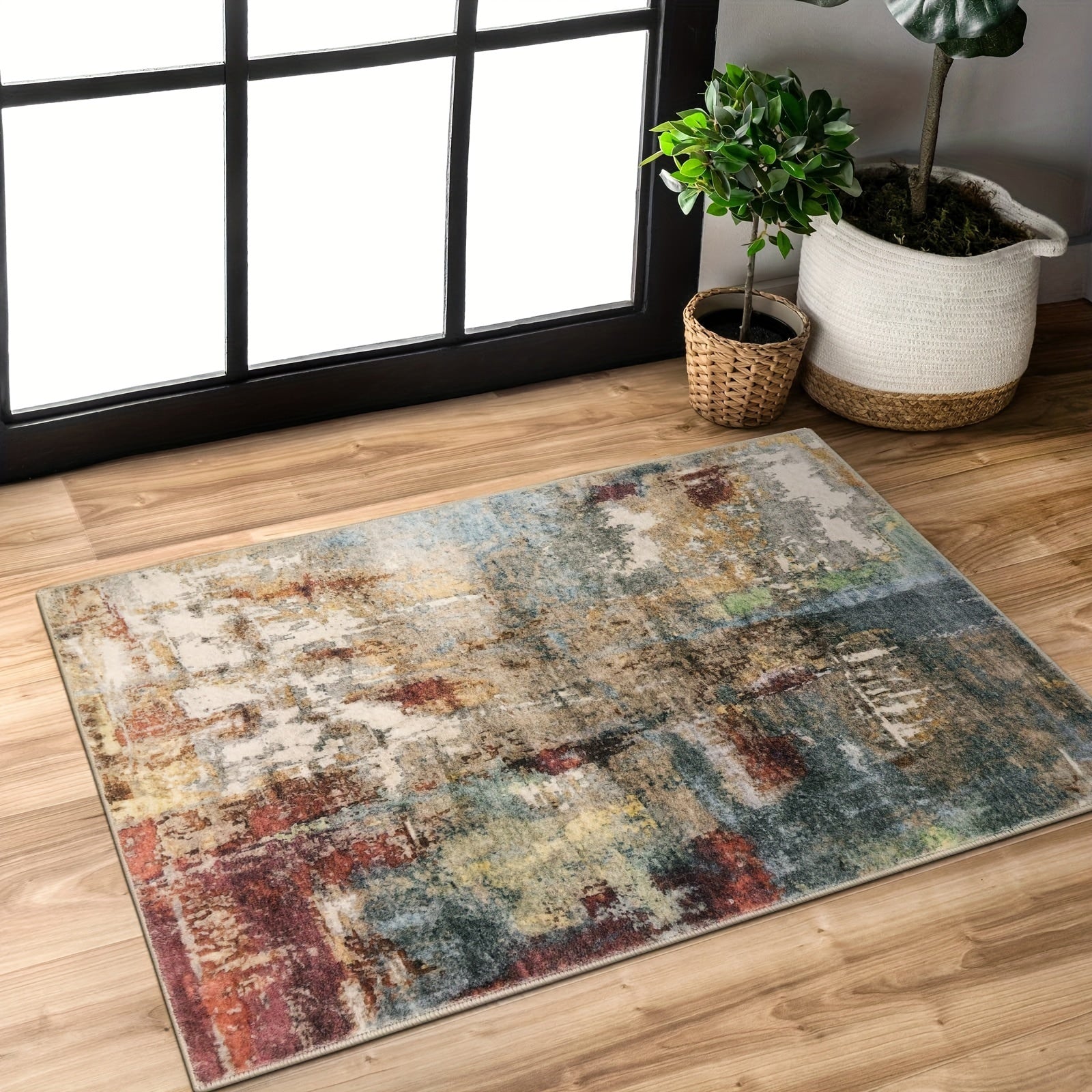 Modern Red Abstract Mat - Large Mat with Anti-Slip Backing, Machine Washable for Living Room, Bedroom, Entryway - Foldable Mat (Red) for Coffee Table & Hallway, Easy Clean Modern Design
