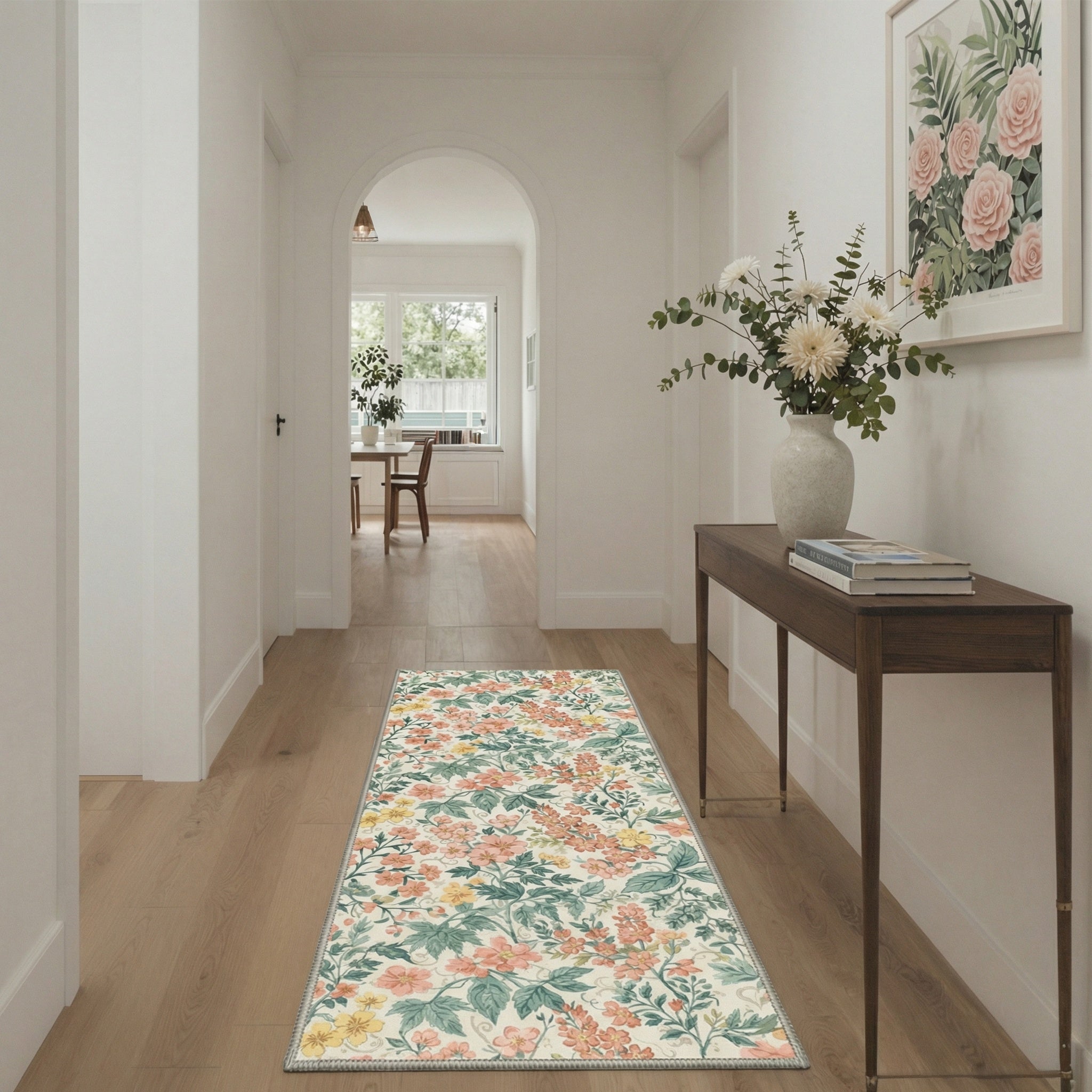 Area Rugs for Living Room, Machine Washable Non Slip Low Pile Lightweight Print Pattern Rug for Bedroom, Indoor Floral Vines, Blush Sage